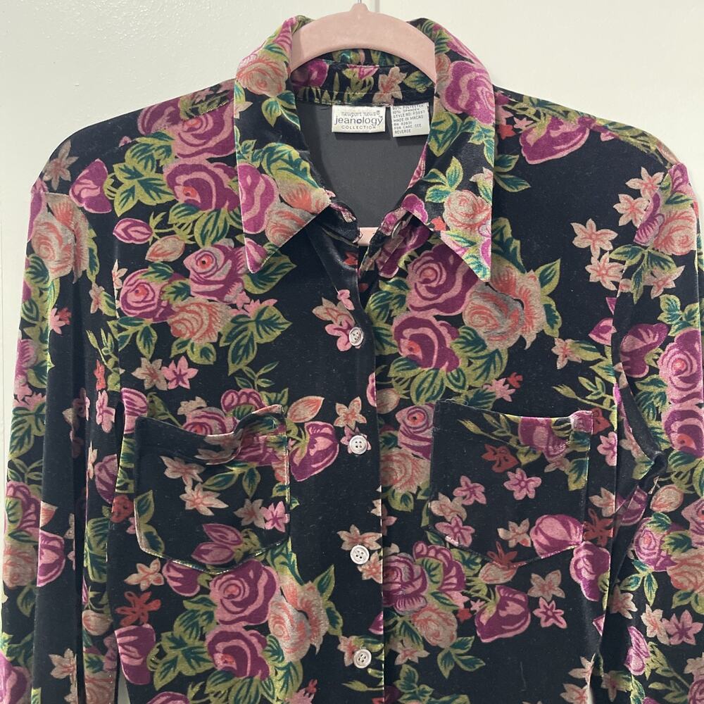 VTG Velvet Button Up Shirt Dark Floral Boho Sz 8‎ Whimsigoth Dark Romantic Goth